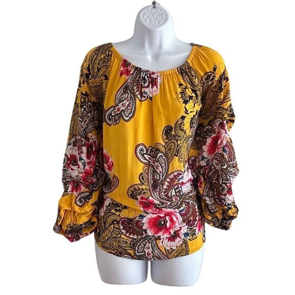 Unique spectrum Women's 1X Yellow Floral Off Shoulder Bell Sleeve Blouse - Picture 6 of 6